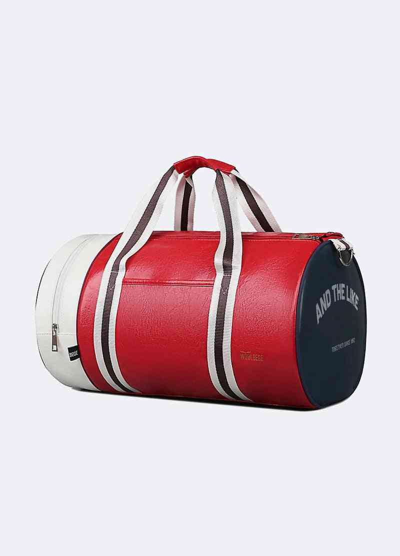 a red and white duffel bag on a white background