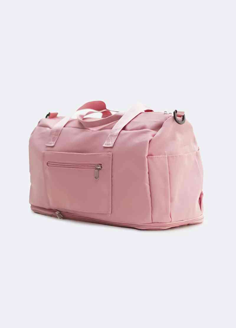 a pink duffel bag on a white background